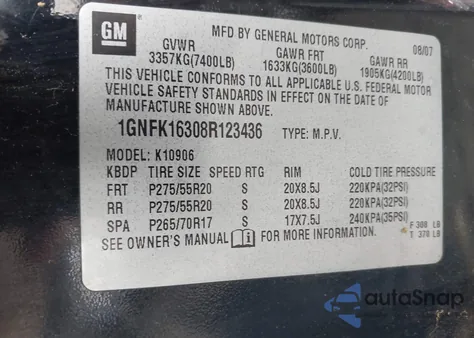 2008 Chevrolet Suburban 1500 Ltz из США, поврежденный, VIN 1GNFK16308R123436